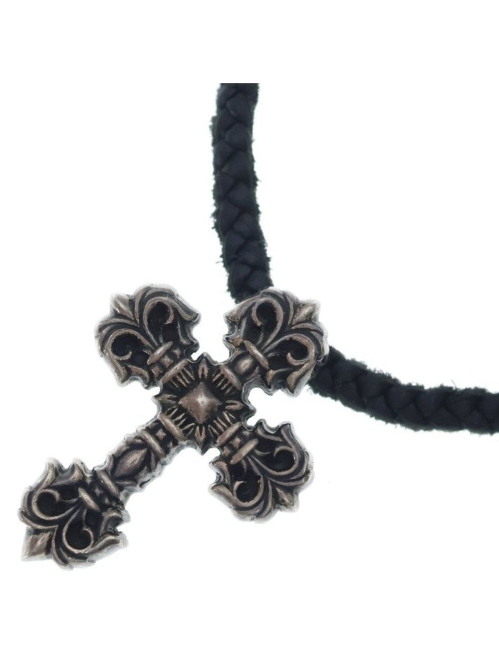 Chrome Hearts Filig Cross Xsm LB Filigree XS Leather Braid Necklace Silver